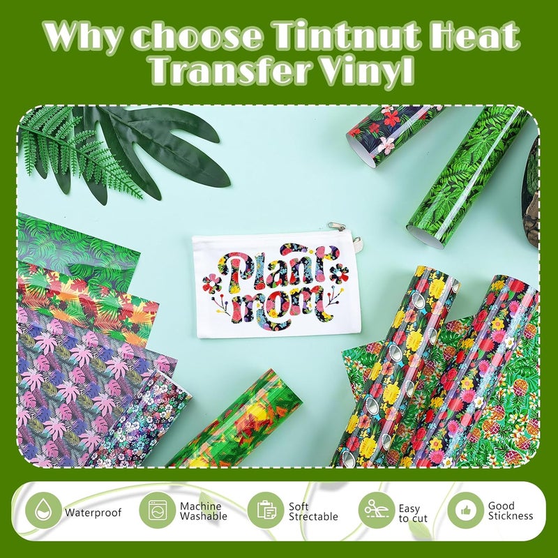 Tintnut Tropical Leaves Heat Transfer Vinyl - 10 Sheets 10x12 Inch Bundle Pineapple Hawaiian Floral Pattern Iron on Vinyl Coconut Tree Palm Printed HTV DIY T-Shirt Hat for Cricut or Silhouette Cameo - Image 3
